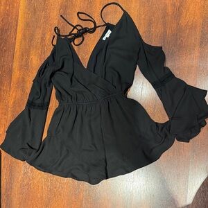 Cotton Candy Black Cold-Shoulder Romper with Bell Sleeves